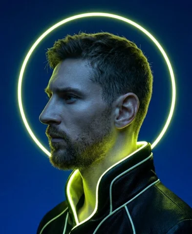 Futuristic Neon Fashion Portrait — Nano Banana 2 AI Prompt: A cinematic neon-lit fashion portrait of a male model in profile against a deep...