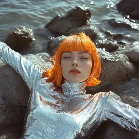 Holographic Model on Grey Beach — Midjourney v6 AI Prompt: a woman a skinny woman with an orange bob hair cut and wet hair look that wears...