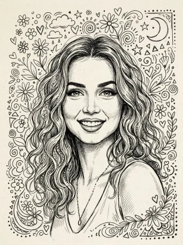Whimsical Ink Portrait with Playful Doodles — Nano Banana 2 AI Prompt: Create a whimsical black ink line art doodle portrait of the person in the refer...