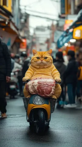 Chubby Cat on Motorbike — Midjourney v6 AI Prompt: cute chubby yellow striped cat with big belly driving a 3-wheeled motorbike on a...