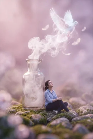 A Surreal Encounter with Smoke and Doves — Nano Banana 2 AI Prompt: A surreal macro masterpiece featuring a miniature figure with uploaded face as r...