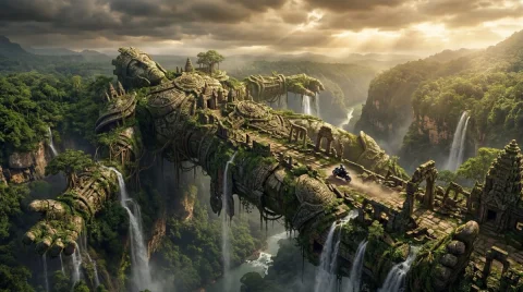 Titan Bridge Over the Jungle Abyss — Nano Banana 2 AI Prompt: A gigantic fallen stone titan stretched across a jungle abyss like a bridge, cov...