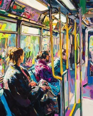 Vibrant London Underground Details — Midjourney v6 AI Prompt: A painting of the London Underground, focusing on close-up details such as refle...