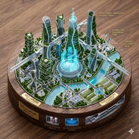 Neo-Veridia: A Biophilic Smart City Diorama — Nano Banana 2 AI Prompt: Neo-Veridia: The Biophilic Smart City Diorama An intricate, architectural diora...