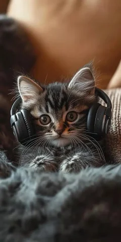 Fluffy Kitten with Earbuds — Midjourney v6 AI Prompt: A cute fluffy kitten wearing oversized earbuds, enjoying music with a cheerful a...