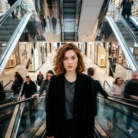 Frozen Elegance in a Blur of Motion — Nano Banana 2 AI Prompt: Luxury shopping mall interior, a fashion model standing still on a descending es...