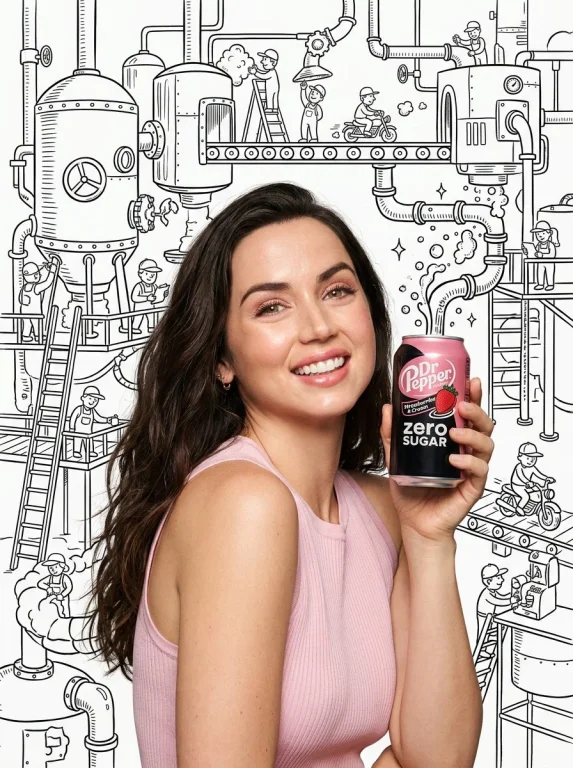 Ana de Armas with Dr Pepper in a Whimsical Soda World