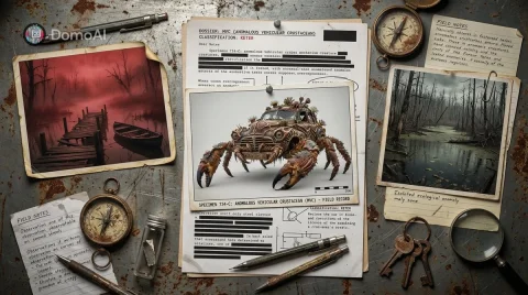 Mechanical Crab Specimen Archive — Nano Banana 2 AI Prompt: Top-down view of an investigation desk, a scratched and rusty metal table arrang...