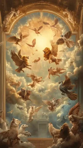 Celestial Animals Fresco — Midjourney v6 AI Prompt: A grand Renaissance-style fresco painting depicting a celestial scene with vario...