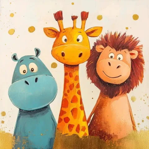 Bright Cartoon Friends Giraffe Hippo Lion — Midjourney v6 AI Prompt: Draw cartoon characters: giraffe, hippopotamus and lion. They are best friends....