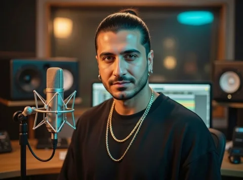 Cinematic Portrait of a Music Producer in the Studio — Nano Banana 2 AI Prompt: Create a realistic portrait of a young man in his mid-20s with olive skin, pierc...