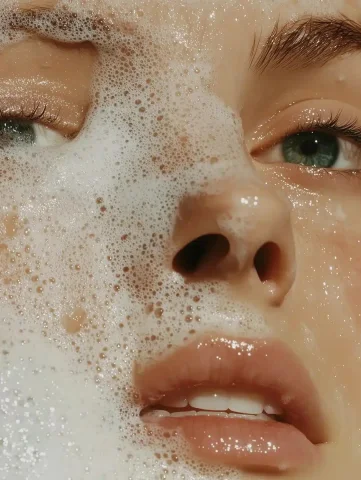 90s Prada Model Portrait — Midjourney v6 AI Prompt: an analogue full face photo, of a model, with open eyes, facewash foam on her fa...