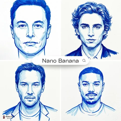 Sharp Blue Ink Portraits with Precision and Style — Nano Banana 2 AI Prompt: Create an expressive front-view portrait of [celebrity name]. Use a single alcoh...
