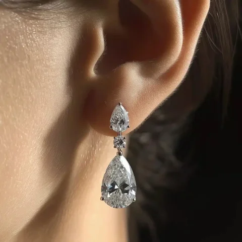 Hyper-Realistic Diamond Earrings — Midjourney v6 AI Prompt: 3-carat pear-cut diamond earrings, in a white gold setting, with a three-stone,...