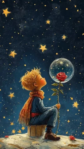 Little Prince with Rose Starry Night — Midjourney v6 AI Prompt: little Prince in his scarf with his rose under a glass cover is sitting on his p...