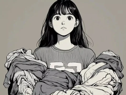 Anime Character with Clothes — Midjourney v6 AI Prompt: Black and white colour scheme, Japanese anime face, walking with hands holding a...