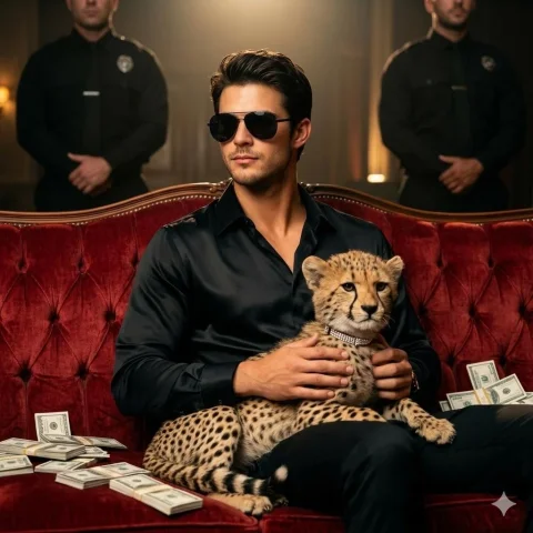 Cinematic Luxe: The Stylish Man & His Cheetah — Nano Banana 2 AI Prompt: Using the reference picture, create A stylish man sitting on a luxurious vintage...