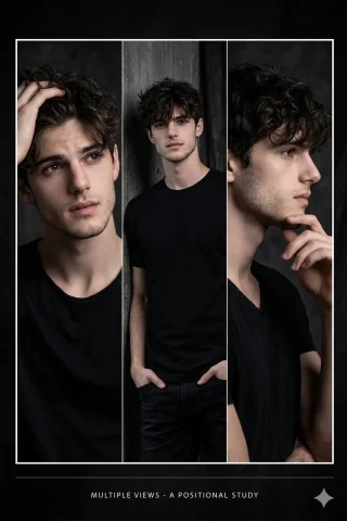 Triptych in Shadows: Curly-Haired Muse — Nano Banana 2 AI Prompt: A high-quality triptych photography study of a handsome young man with dark, mes...