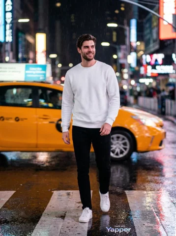 City Streets After Dark: A Night of Motion and Style — Nano Banana 2 AI Prompt: A stylish young man walking across a wet city street at night in the rain, weari...