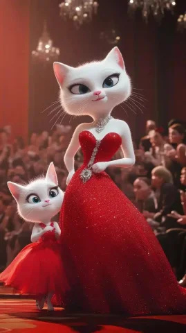 Pixar Cats on Runway — Midjourney v6 AI Prompt: A white adult female cat in a red evening gown, stylish hair accessories with di...