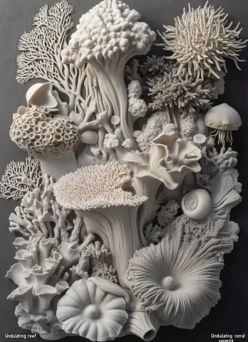 Hyper-Realistic Coral Relief — Midjourney v6 AI Prompt: "Undulating coral reef" in clay and plaster, relief wall with detailed corals, s...