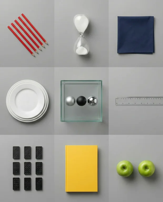 Perfect 3x3 Grid Still Life with Hyper-Precise Object Placement