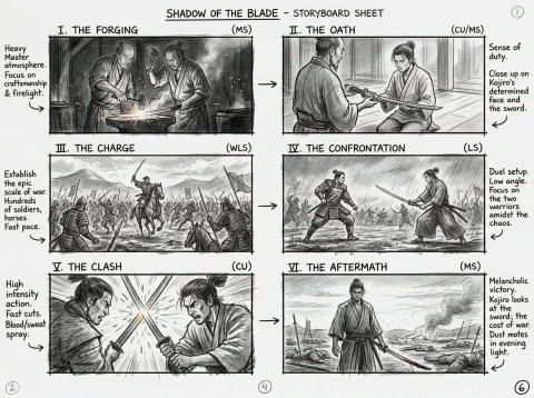 Storyboard Sequence in Pencil: Cinematic Panels Unfold — Nano Banana 2 AI Prompt: [Image reference/object/person] as a [movie/TV show genre] movie storyboard, six...