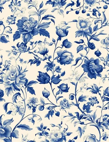 French Toile Floral Design — Midjourney v6 AI Prompt: A blue and white floral pattern on a cream background, in the style of French to...