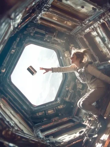 Astronaut Reaching for Can — Midjourney v6 AI Prompt: closeup of a cute young female astronaut in the international space station reac...