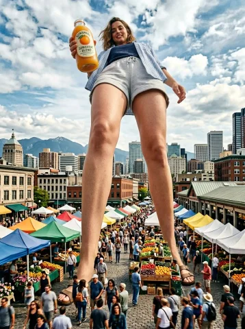 When Giant Meets Juice: Ana de Armas in a Towering Market Scene — Nano Banana 2 AI Prompt: Hyper-realistic, 8k cinematic ground-level wide shot looking up, featuring a col...