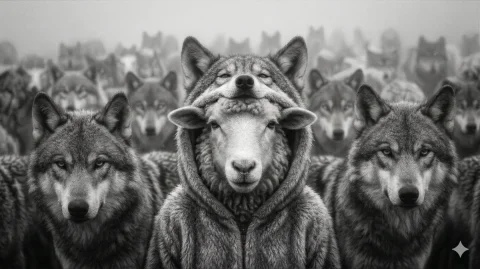 Sheep in Wolf’s Clothing Amid the Pack — Nano Banana 2 AI Prompt: I was asked on Bluesky if I could reverse my image so that it's a sheep dressed...
