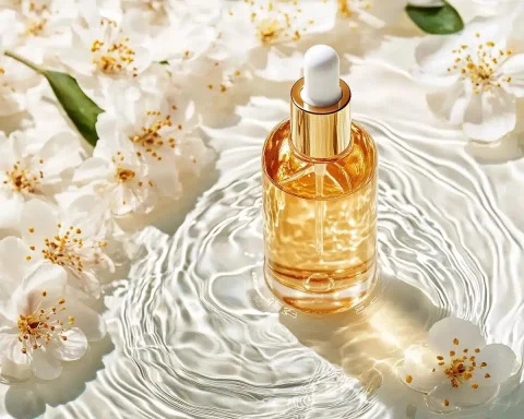 Cinematic Skincare Elixir Display — Midjourney v6 AI Prompt: Elegant and cinematic product shot of a skincare elixir bottle, floating on a si...