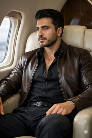 Jet-Set Elegance: Refined Style Aloft — Nano Banana 2 AI Prompt: A high-fashion editorial portrait of a sophisticated man with dark, styled hair...