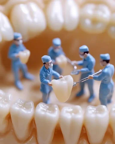 Micro Dentists at Work — Midjourney v6 AI Prompt: A hyper realistic macro photography of a group of tiny, ultra detailed micro siz...