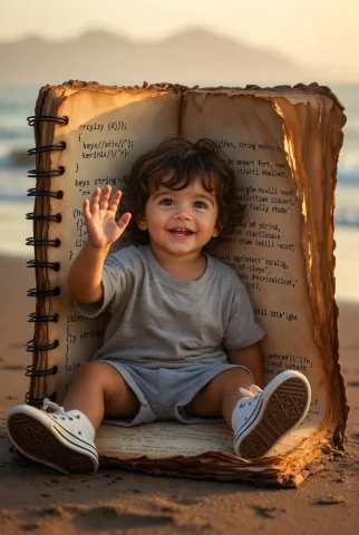 A Toddler Born from Code on a Beach — Nano Banana 2 AI Prompt: A hyper-realistic photo of a happy toddler with wavy hair and brown eyes emergin...