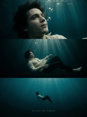 Beyond the Depths: A Cinematic Descent — Nano Banana 2 AI Prompt: A cinematic underwater movie poster showing a young man slowly sinking in deep o...