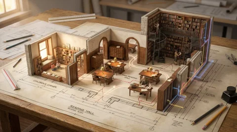 Miniature Architecture: A Living Floor Plan — Nano Banana 2 AI Prompt: An architectural floor plan of {BUILDING_TYPE} spread across a drafting table, w...