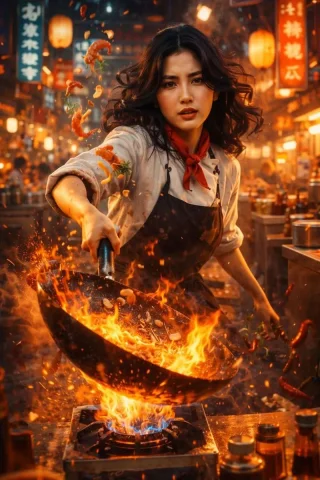 Fiery Street Food Action: A Chef in Motion — Nano Banana 2 AI Prompt: Create Ultra-detailed cinematic action portrait of a young woman (use uploaded i...
