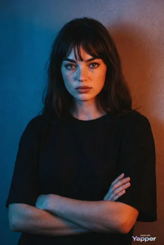 Confident in the Spotlight — Nano Banana 2 AI Prompt: Portrait of a young women with thick dark hair standing with arms crossed, weari...