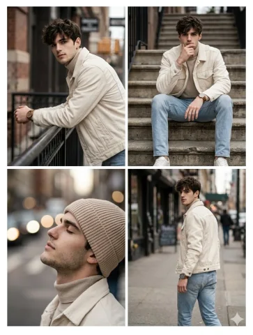 Urban Cool: A Realistic 4-Image Lifestyle Collage — Nano Banana 2 AI Prompt: using the attached reference photos as sources, preserve the same male face and...