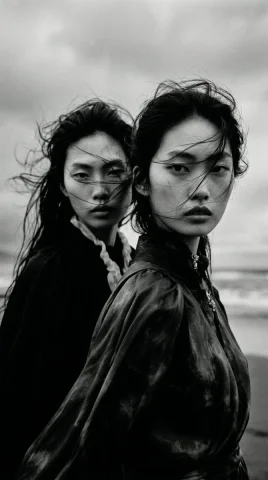Ethereal Tension on the Shoreline — Nano Banana 2 AI Prompt: Two Asian female models standing on a desolate shoreline, wind violently sweepin...