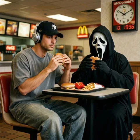 Retro Horror Vibes at McDonald's 🍔👻 — Nano Banana 2 AI Prompt: Create an ultra-realistic image in the horror style of the 90s. The model (man w...