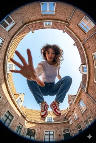 Ground-Level Action Shot in Urban Landscape — Nano Banana 2 AI Prompt: Make an Ultra-wide fisheye lens perspective shot from ground level looking strai...