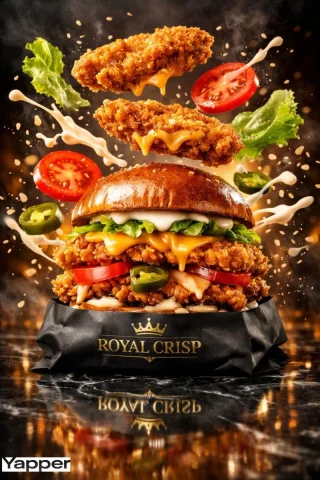 Royal Crisp Burger: A Cinematic Explosion of Flavor — Nano Banana 2 AI Prompt: { "master_prompt": { "scene_type": "high-speed commercial luxury chi...