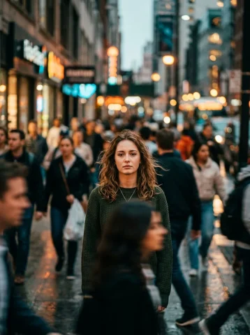Silent Amidst the Rush — Nano Banana 2 AI Prompt: A cinematic,ultra-high-definition photograph of a young woman standing still in...