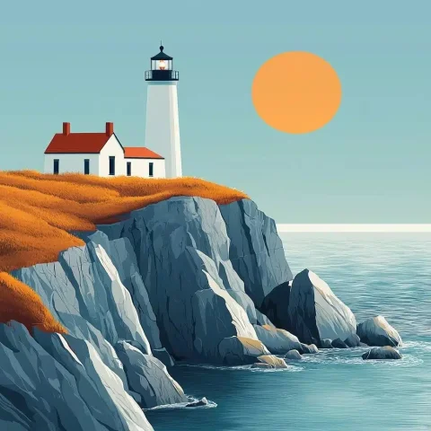Vibrant Lighthouse Cliff Vector — Midjourney v6 AI Prompt: vector art, flat design, vibrant colors, bold lines, simple shapes of acadia nat...