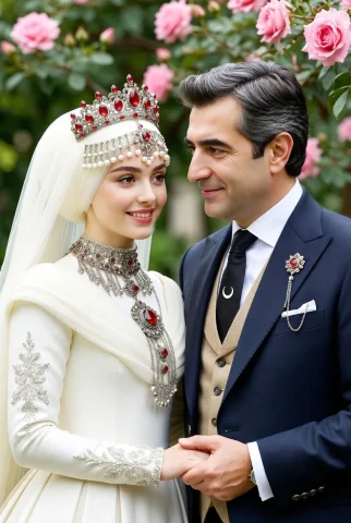 A Royal Union in a Rose Garden — Nano Banana 2 AI Prompt: A high-quality, cinematic medium shot of a royal-style Muslim couple standing in...