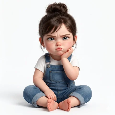 Grumpy Toddler in Denim: A Pixar-Style 3D Portrait — Nano Banana 2 AI Prompt: Create a super cute, hyper-realistic 3D render of a toddler girl who is a younge...