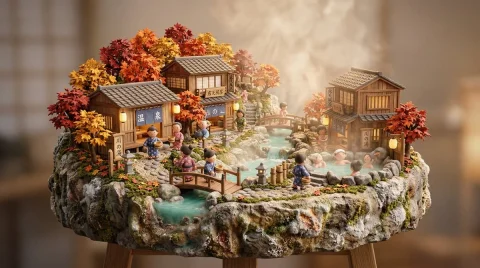 Tiny Onsen Village in Autumn: A Clay Diorama — Nano Banana 2 AI Prompt: 3D miniature scene, a [JAPANESE ONSEN VILLAGE] with [wooden bathhouses, steam ri...