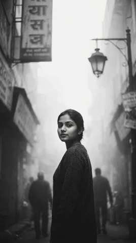 Mystery in the Mist: Urban Silence Captured — Nano Banana 2 AI Prompt: Young Indian woman standing in misty narrow alley, urban street blurred in backg...